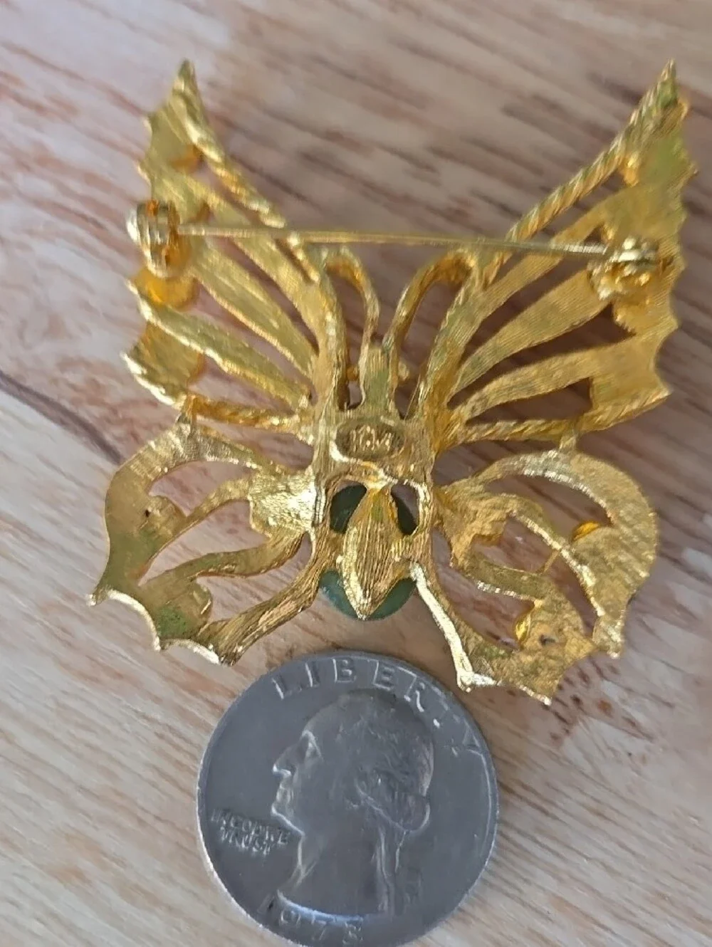 Gold-Tone Butterfly Brooch with Green Jade Accents